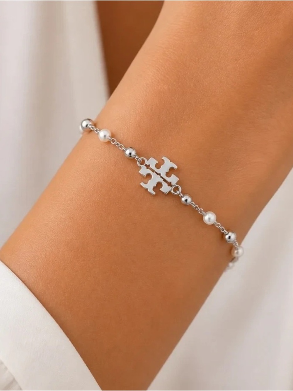 Tory Burch Silver and White Pearl Logo Slider Bracelet NWT